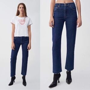 RE/DONE • Comfort Stretch High Rise Stove Pipe jeans ankle raw hem Dark 71